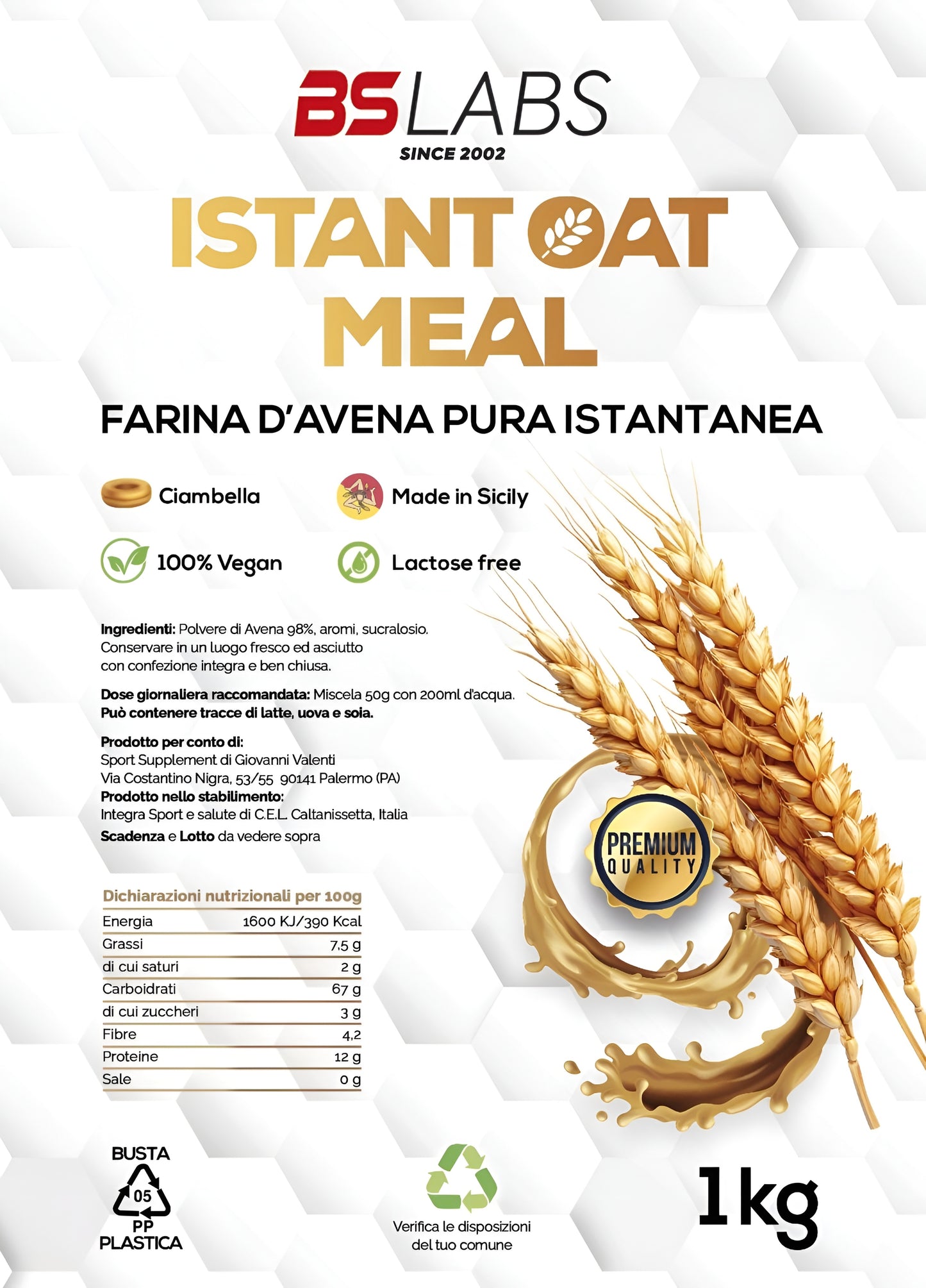 Instant oat meal in 1kg pack by BSLABS, multi-gusto flavor, ready-to-eat farina d’avena italiana for healthy breakfast options.