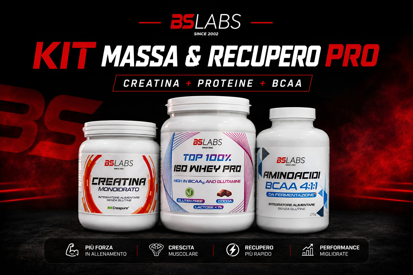 Bslabs KIT MASSA & RECUPERO protein supplement package with powder containers and nutritional labels.