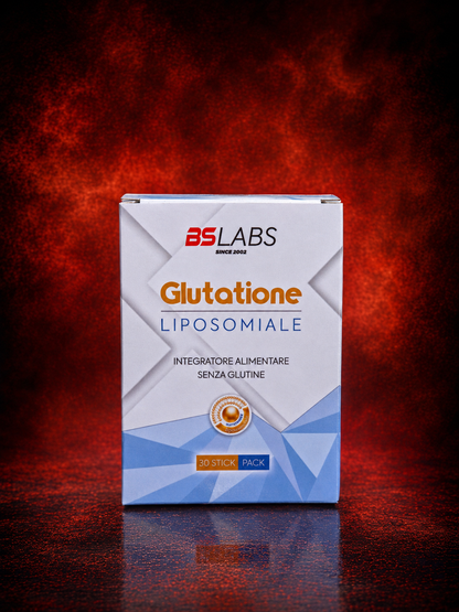 Bslabs Glutatione Liposomiale + SAMe supplement sticks featuring antioxidant, detox, and liver health benefits.