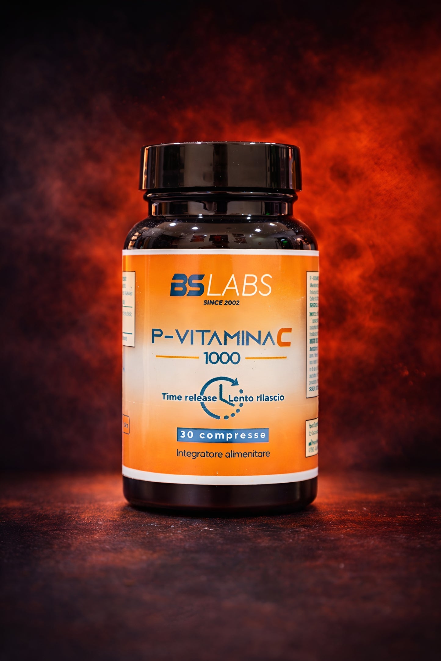 Bslabs Vitamin C 1000mg Time Release supplement bottle with 30 tablets, showcasing the packaging and tablets inside.