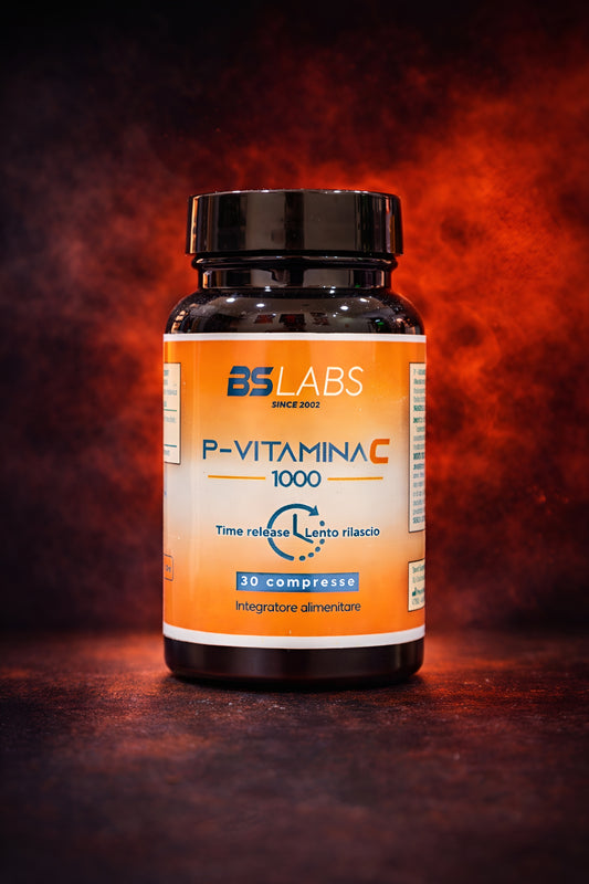 Bslabs Vitamin C 1000mg Time Release supplement bottle with 30 tablets, showcasing the packaging and tablets inside.