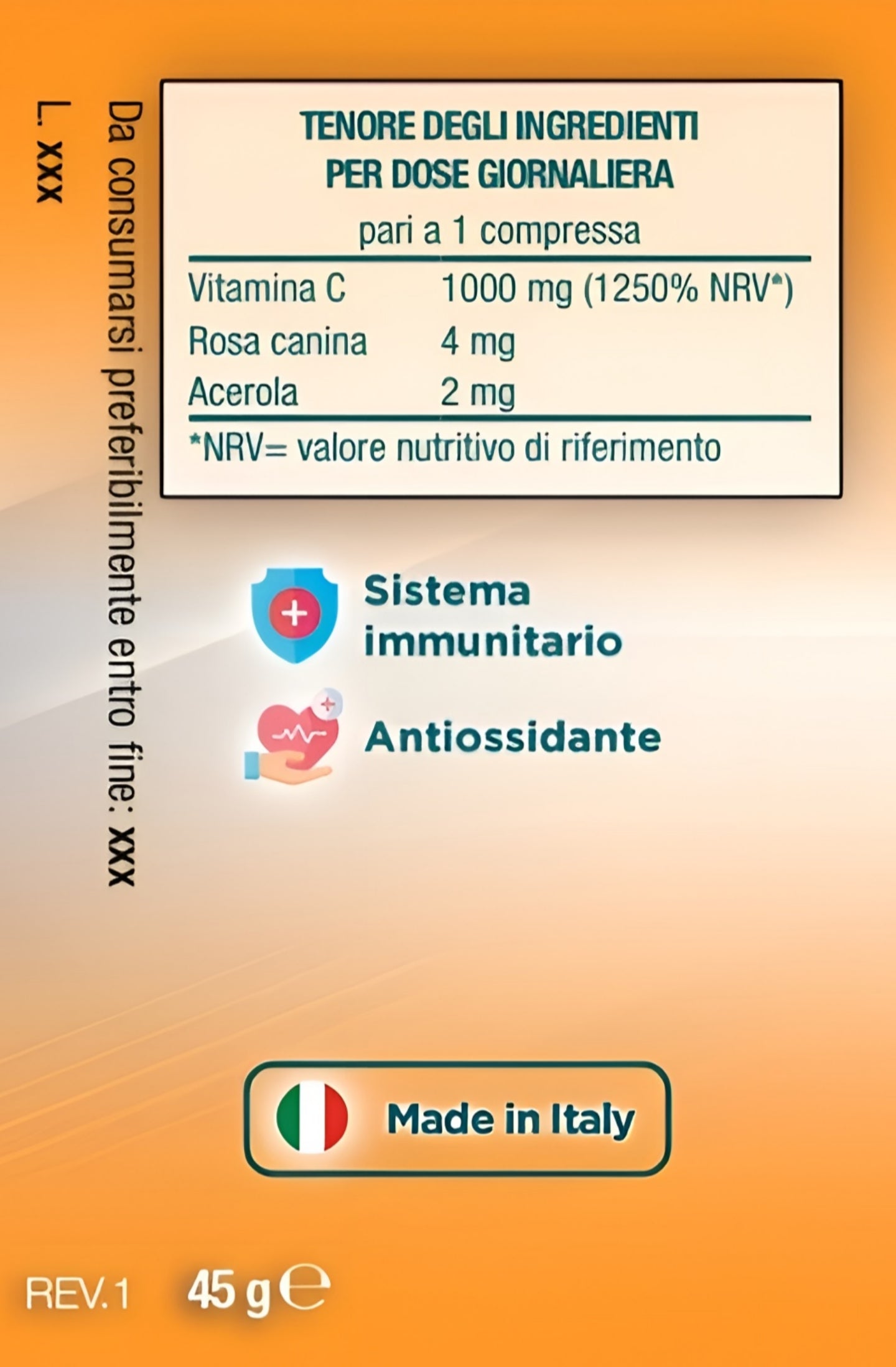 Bslabs Vitamin C 1000mg Time Release supplement with 30 tablets, natural orange flavor, and easy-to-swallow tablets.