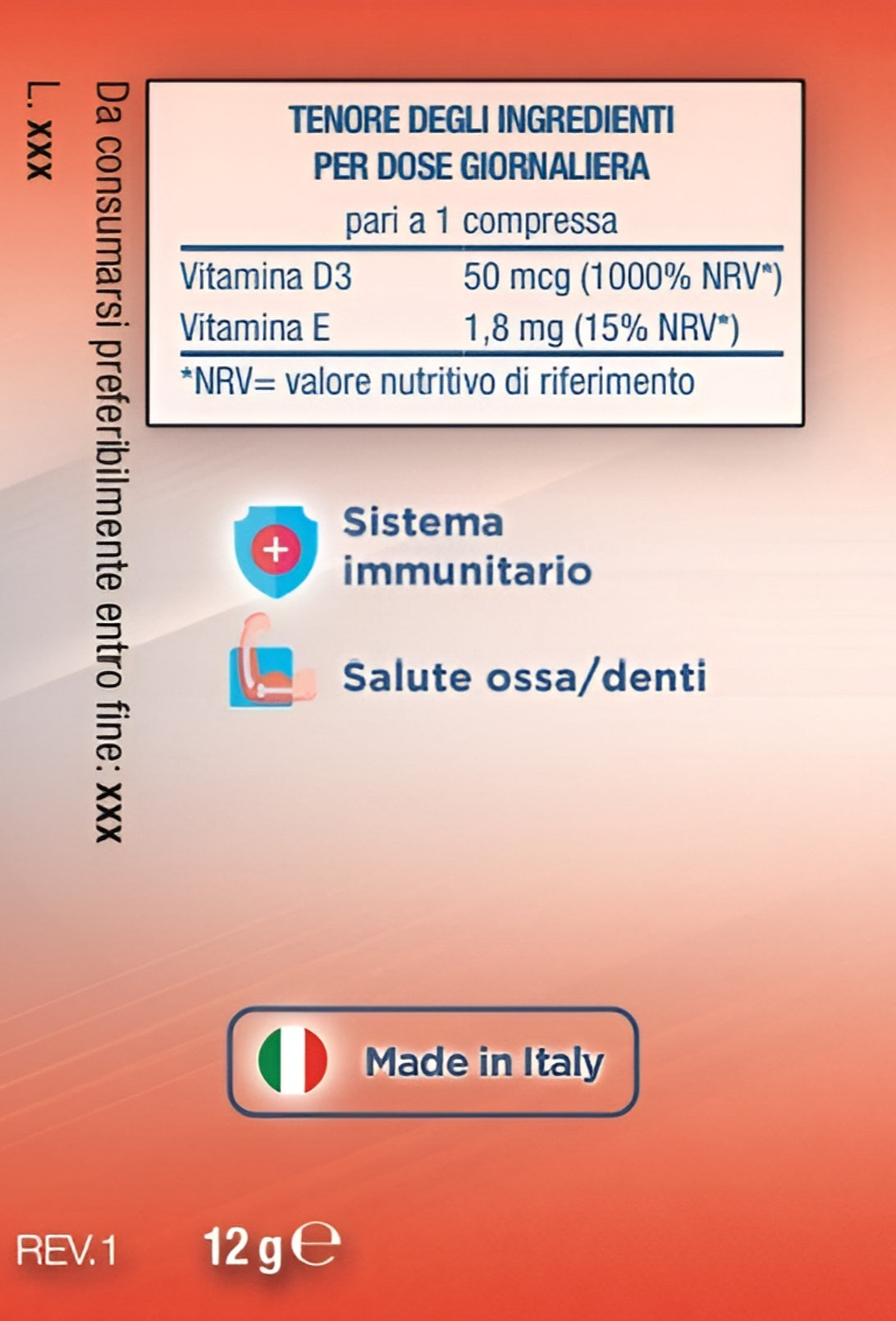Bslabs Vitamina D3 2000 UI and Vitamina E supplement bottles with 60 tablets in a clear container.