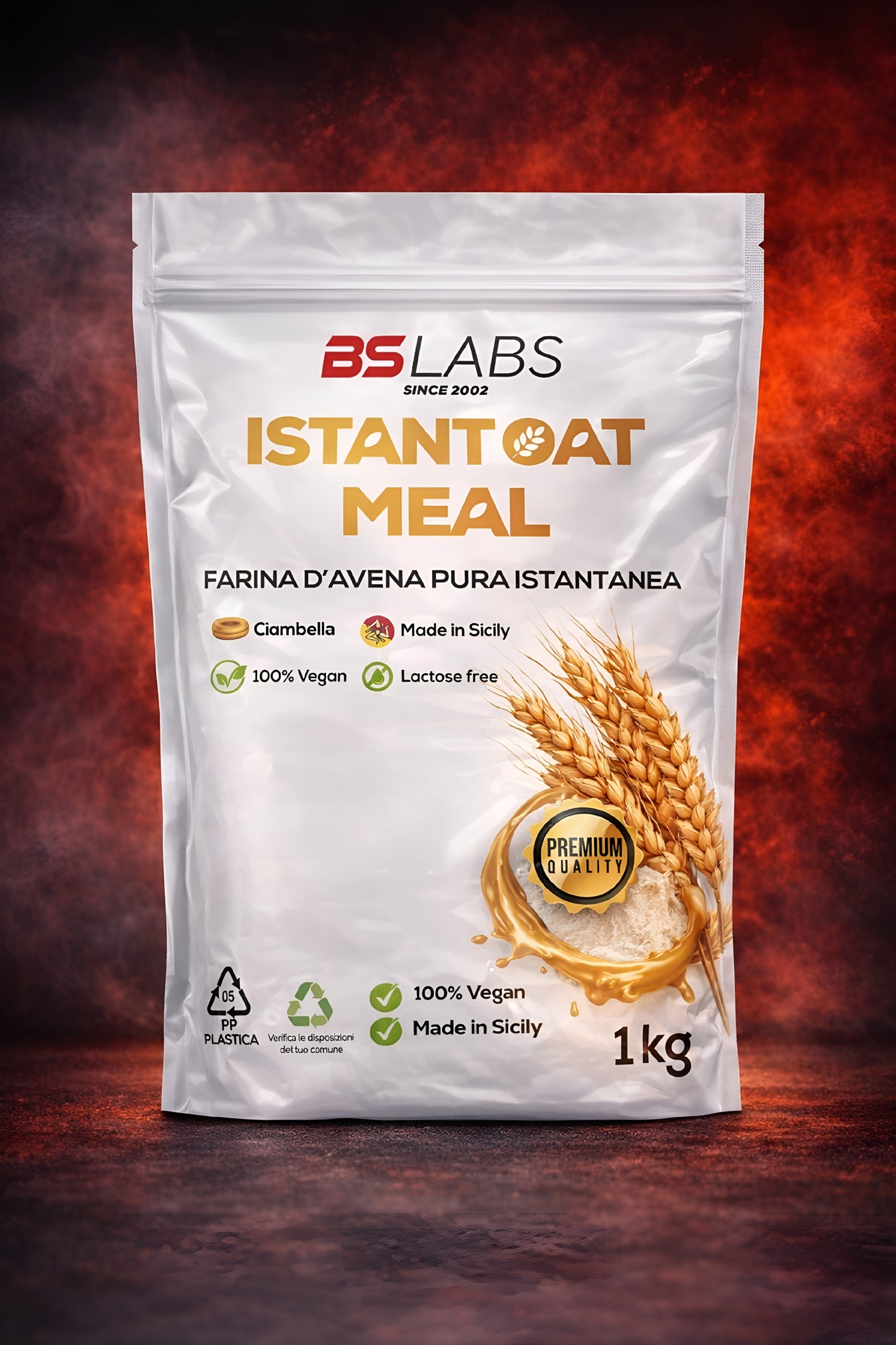 Instant oat meal by BSLABS, 1kg package, close-up of the cardboard box with oats visible, ready for quick preparation.