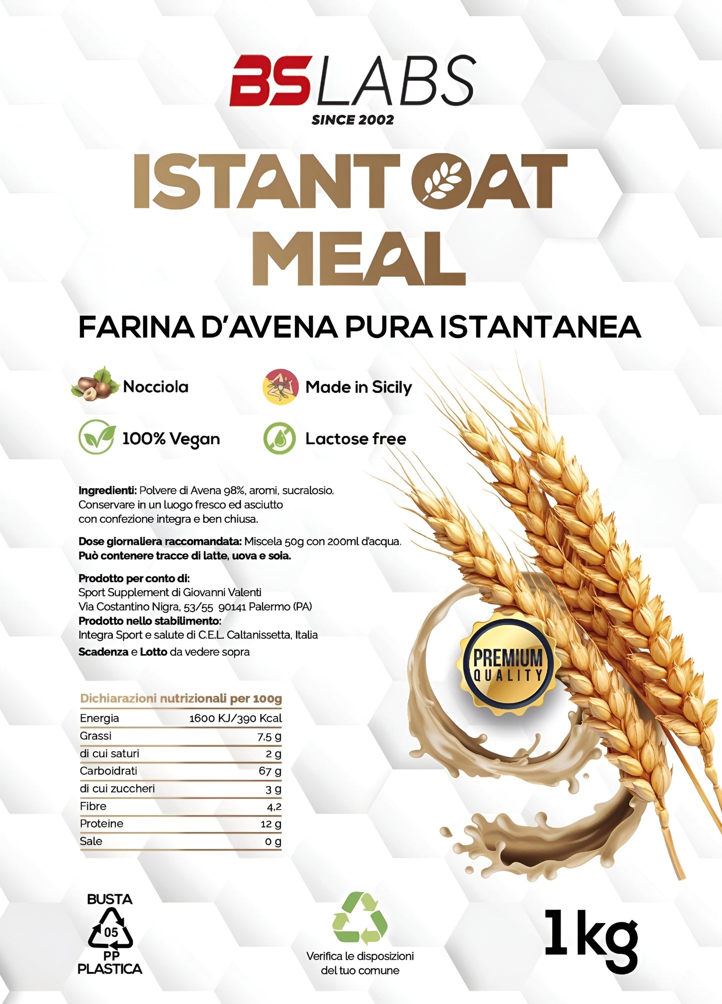 Bslabs instant oat meal package, 1kg Farina d’Avena Istantanea, showing the sealed oats container on a white background.