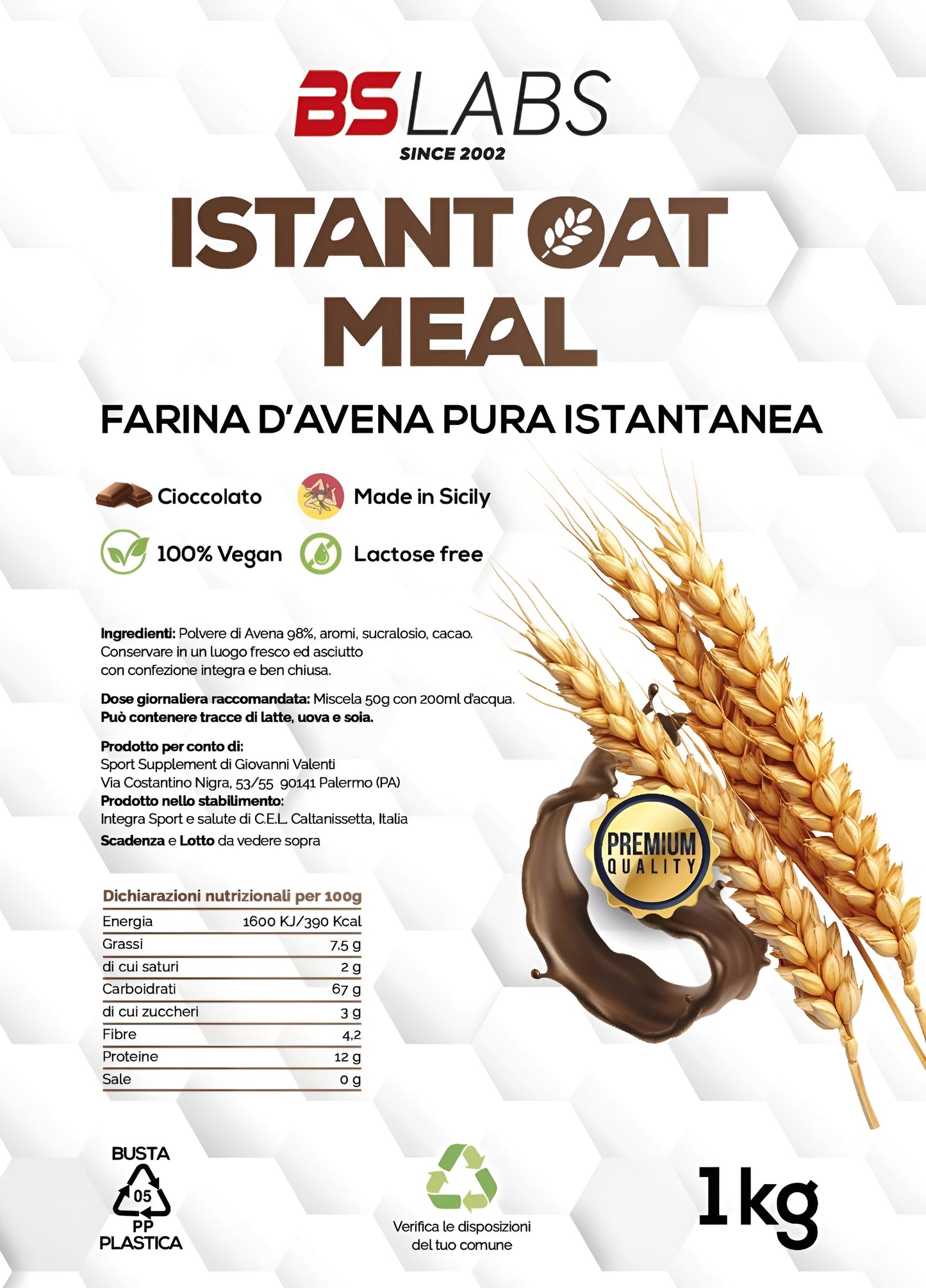 Instant oat meal by BSLABS, 1kg package of Farina d’Avena Istantanea, showing a close-up of the oat flakes in the package.