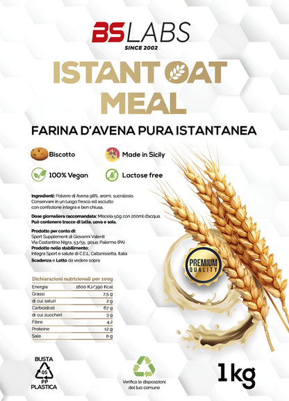 Bslabs instant oat meal in 1kg package, showing a bowl of prepared oatmeal and oats on a clean background.