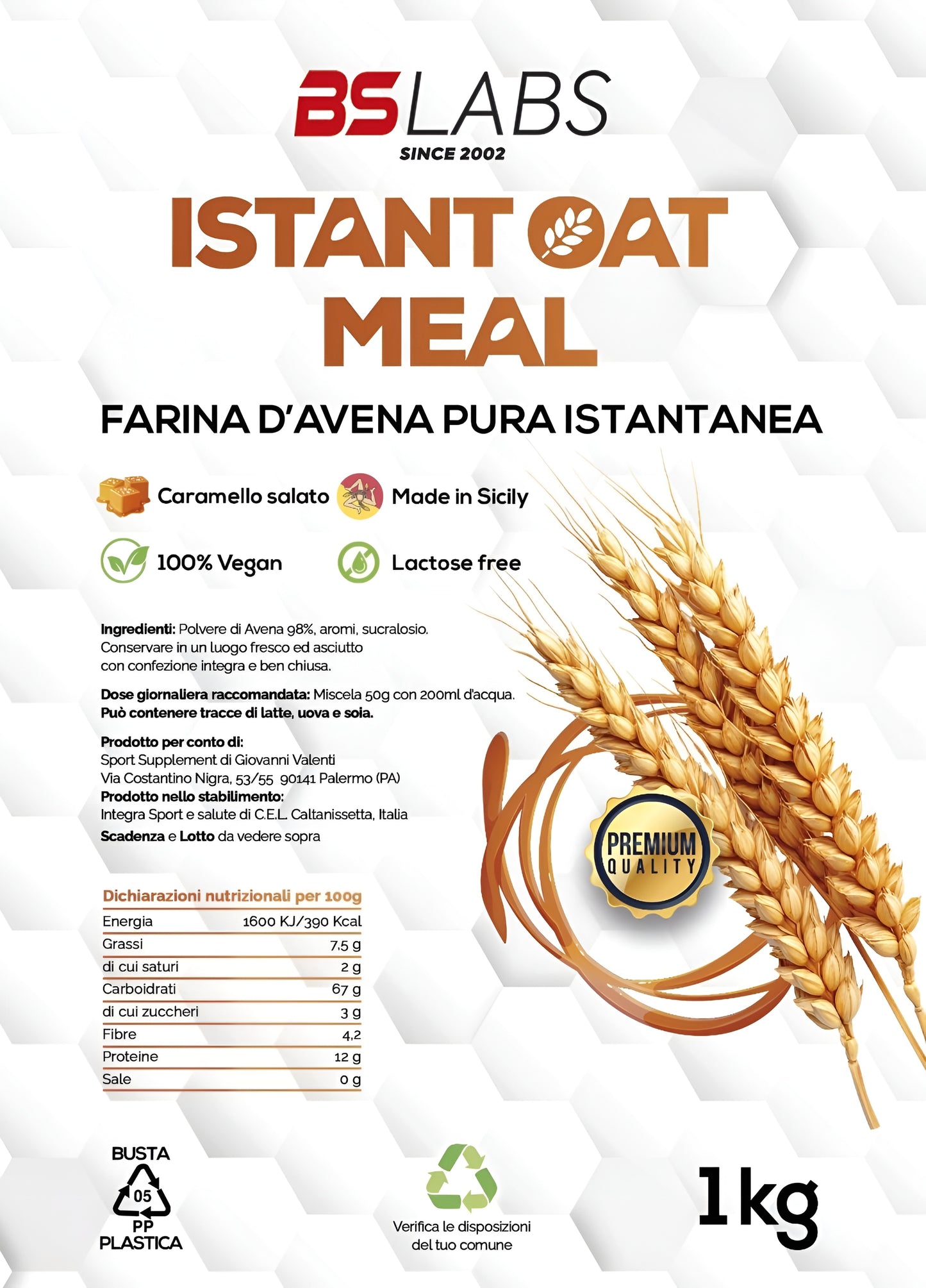Instant oat meal by BSLABS, 1kg pack of Farina d’Avena Istantanea, creamy and wholesome breakfast food, in a clear packaging.