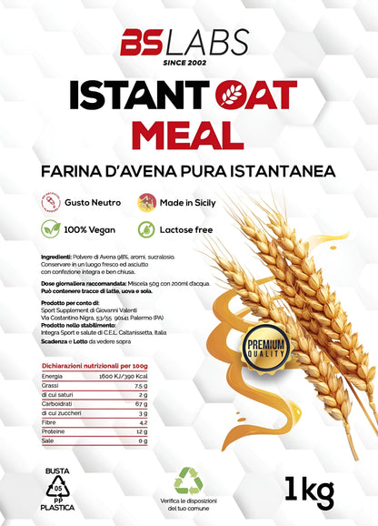 Bslabs instant oat meal in 1kg package, showing a close-up of the finely ground farina d’avena for quick breakfast preparation.