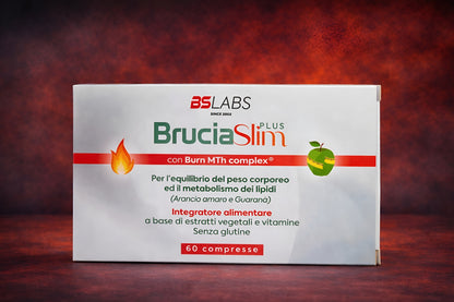 Bslabs BruciaSlim Plus metabolism and weight control supplement, 60 capsules, close-up of the supplement bottle.