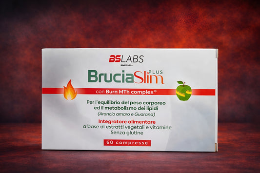 Bslabs BruciaSlim Plus metabolism and weight control supplement, 60 capsules, close-up of the supplement bottle.
