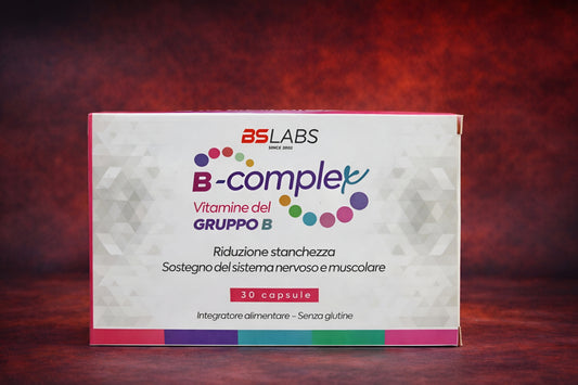 Bslabs B-Complex Vitamin supplement capsules for energy and fatigue relief, shown in a close-up image.