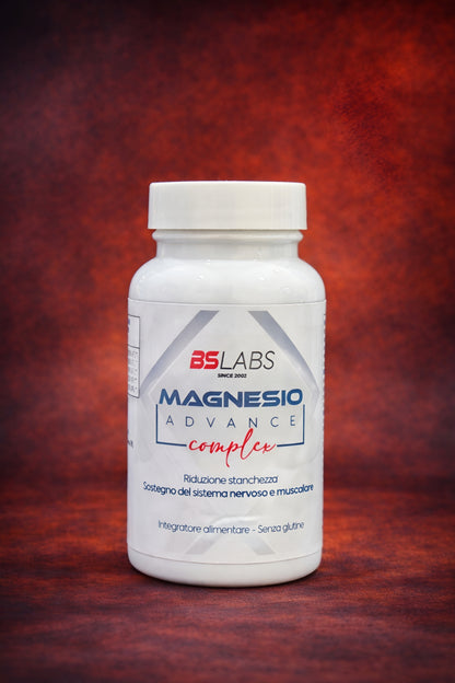 Bslabs Magnesio Advance Complex supplement with 60 tablets, designed to support muscle, nervous system, and reduce fatigue.