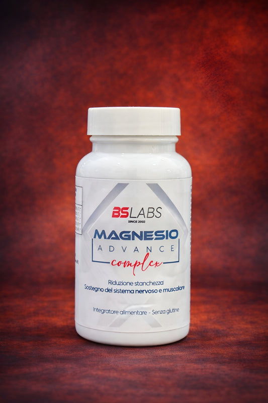 Bslabs Magnesio Advance Complex supplement with 60 tablets, designed to support muscle, nervous system, and reduce fatigue.
