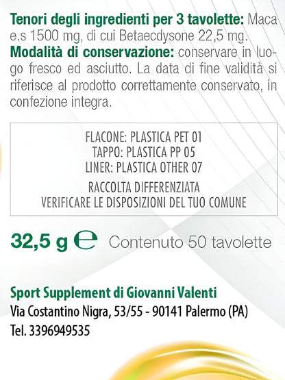 Bslabs Maca Plus Forte 1500 mg supplement bottle with 50 tablets, promoting energy, libido, and performance.