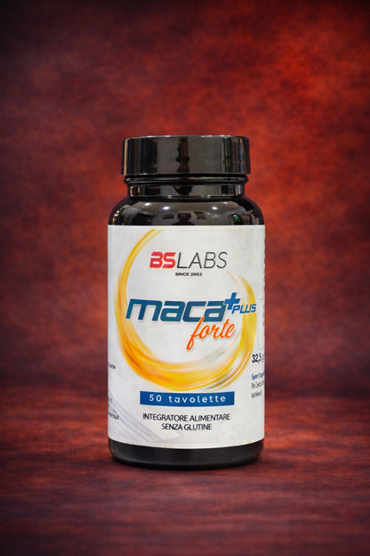 Bslabs Maca Plus Forte 1500 mg supplement bottle with 50 tablets, promoting energy, libido, and performance.