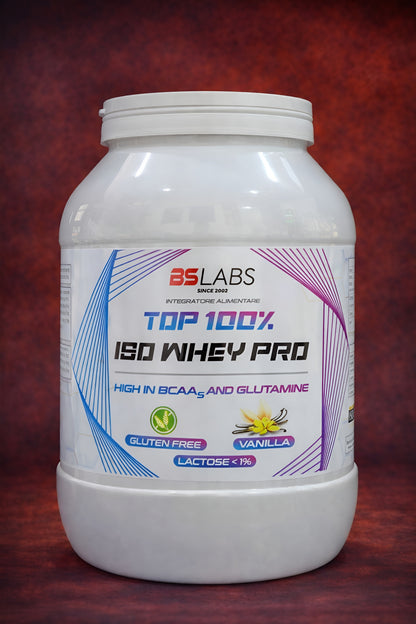 Bslabs ISO Whey Protein Isolate 900g container with label showing 85% protein, BCAA, and glutamine in a white tub.