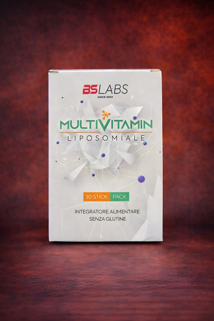 Bslabs multivitamin liposomal supplement sticks for energy, immunity, and recovery, shown in a close-up of the product packaging.