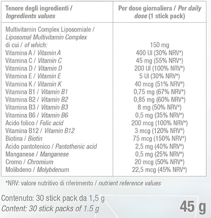 Bslabs multivitamin liposomal supplement sticks for energy, immunity, and recovery, displayed in a box with 30 sticks.