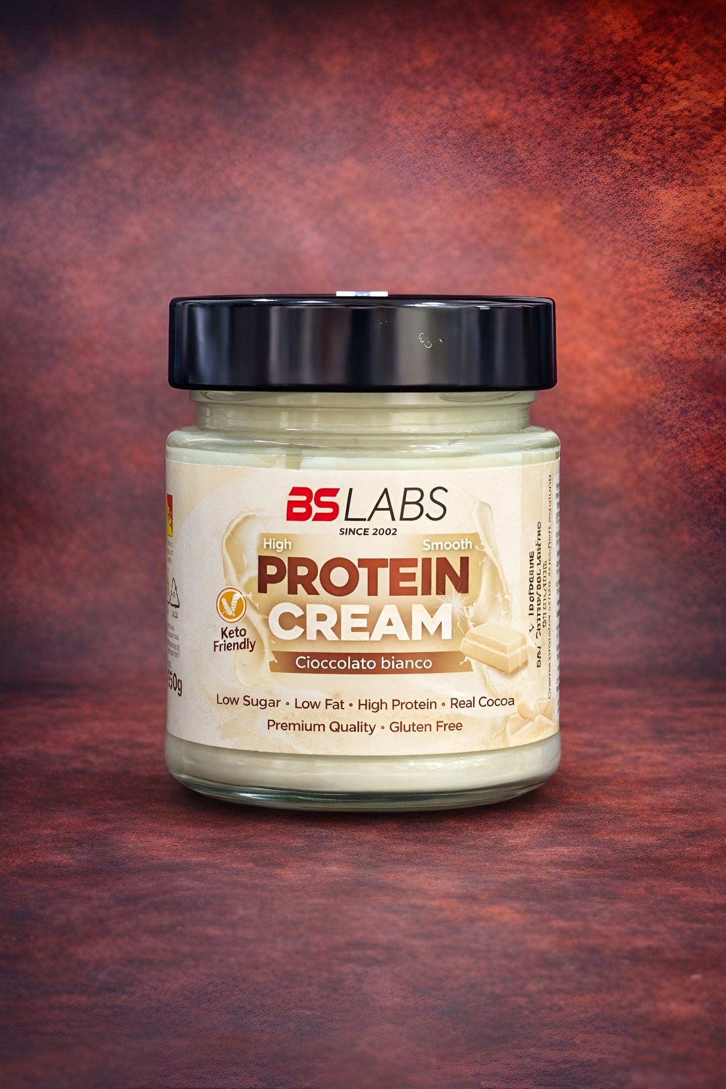 Creamy BSLABS high protein spread with low sugar, rich in flavor, shown in a jar with a smooth, spreadable texture.