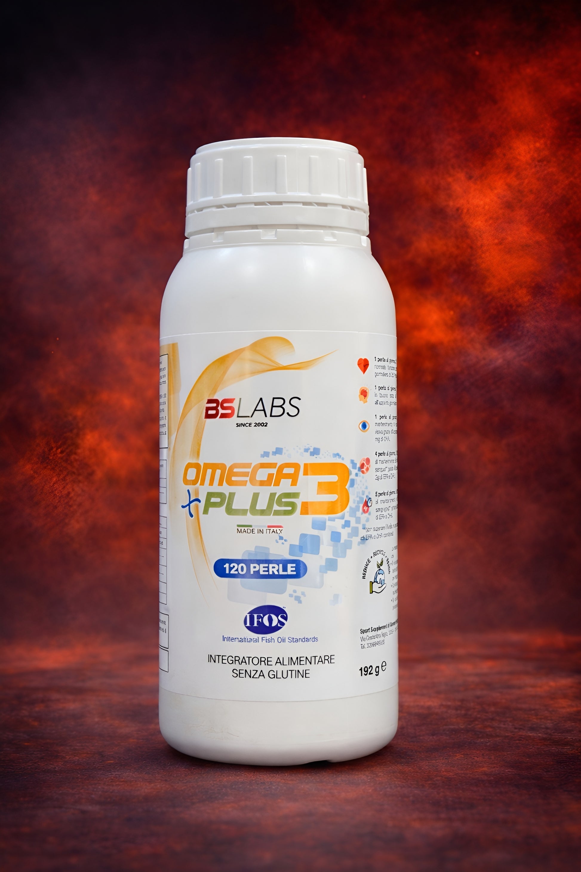BSLABS Omega 3 Plus EPA and DHA fish oil supplement bottle with capsules on a white background.
