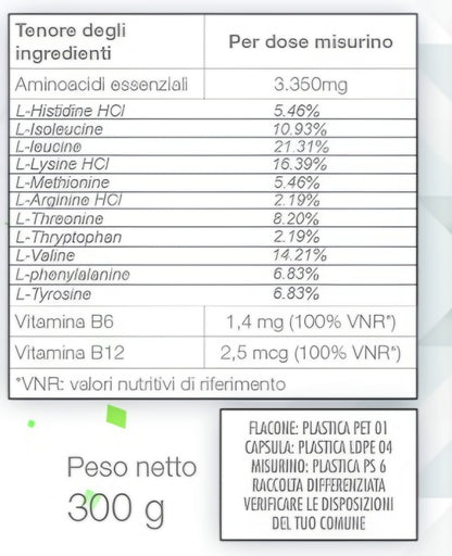 Bslabs Essential Amino Acids EAA supplement with Vitamin B6 and B12, 300g, in a supplement powder container.