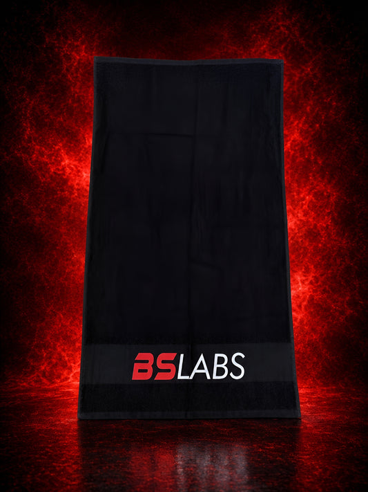 Black microfiber gym towel by BSLABS, a compact and soft fitness sport towel for workouts and fitness activities.