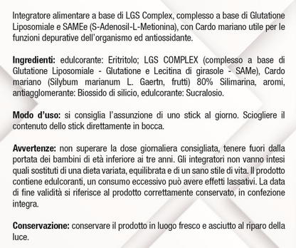 Bslabs Glutatione Liposomiale + SAMe supplement sticks, antioxidant, detox, and liver health support, displayed in the image.