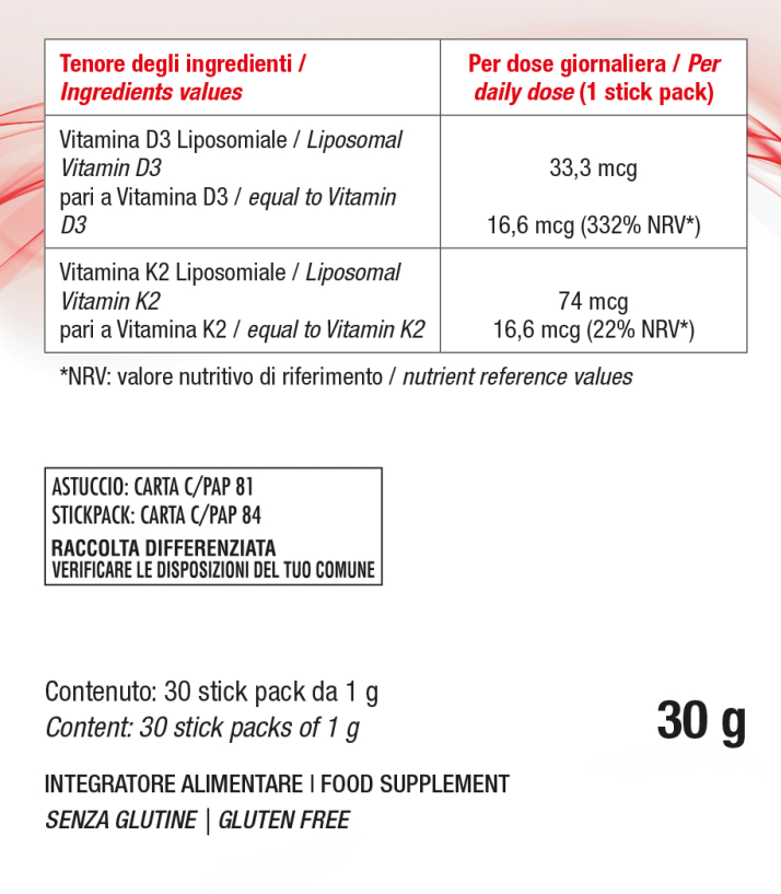 Bslabs Vitamin D3 + K2 liposomal supplement in a 30-stick pack, gluten-free, displayed in a close-up of the product packaging.