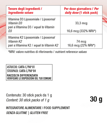 Bslabs Vitamin D3 + K2 liposomal supplement in a 30-stick pack, gluten-free, displayed in a close-up of the product packaging.