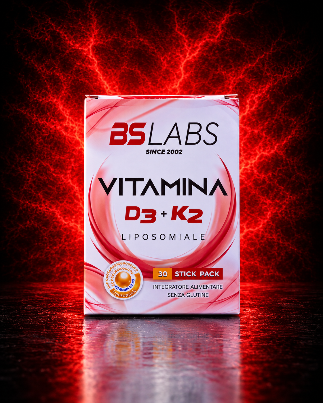 Bslabs Vitamin D3 + K2 liposomal supplement in a 30-stick pack, gluten-free, featuring colorful lightning bolt illustrations on the packaging.