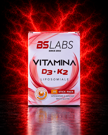 Bslabs Vitamin D3 + K2 liposomal supplement in a 30-stick pack, gluten-free, featuring colorful lightning bolt illustrations on the packaging.