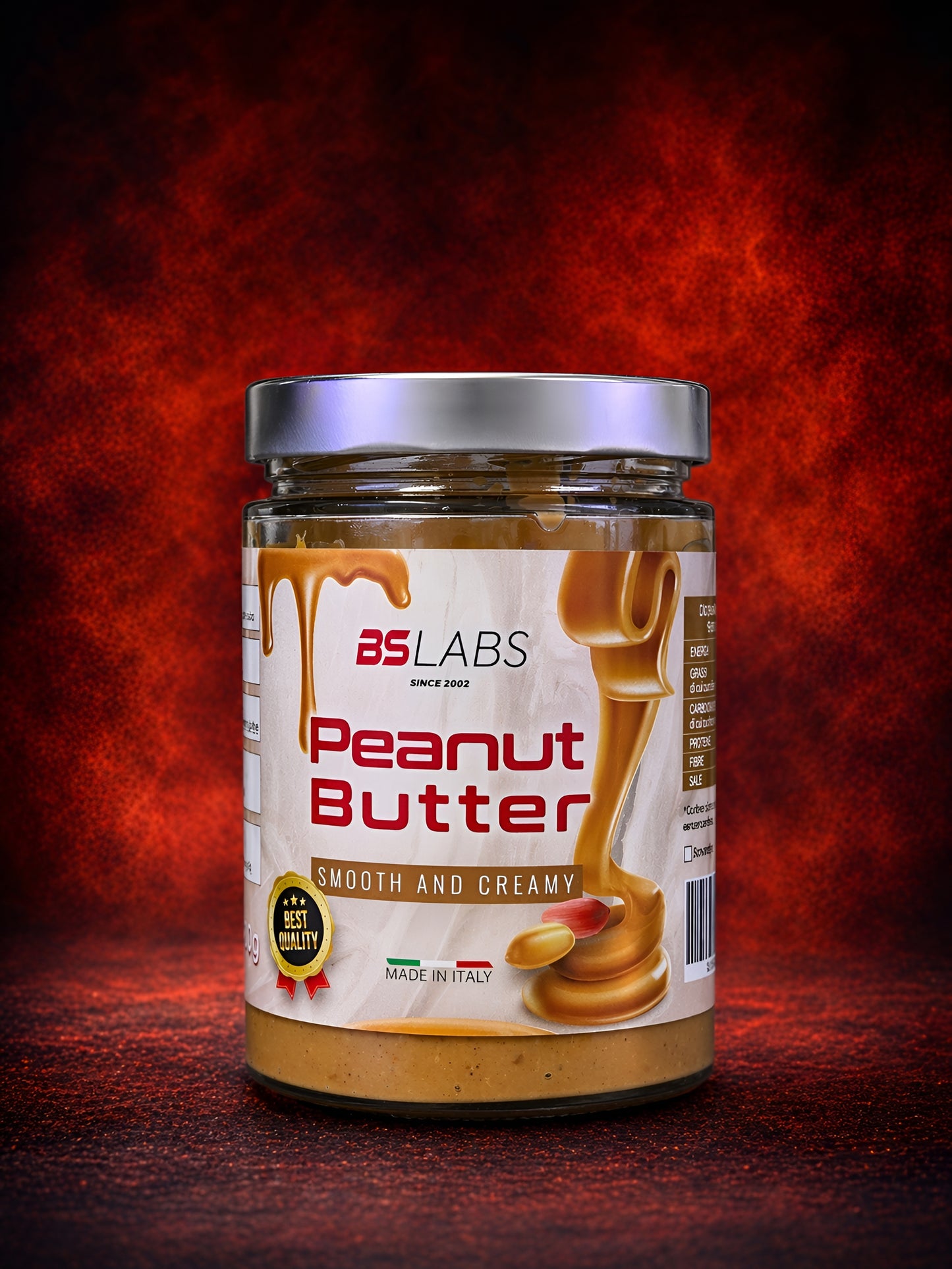 Bslabs 100% natural peanut butter jar with high protein content and no added sugars, showing the product label and peanut butter inside.