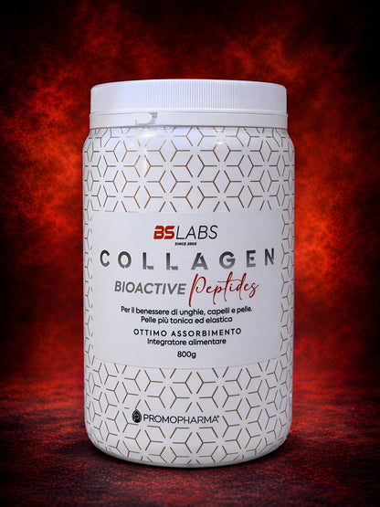 Bslabs Collagene Idrolizzato supplement with hydrolyzed collagen, hyaluronic acid, and vitamins in a bottle with capsules.