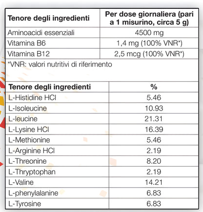 Bslabs Aminoacidi Essenziali EAA supplement container with label showing 300g, vitamin B6 and B12, for muscle recovery and energy.